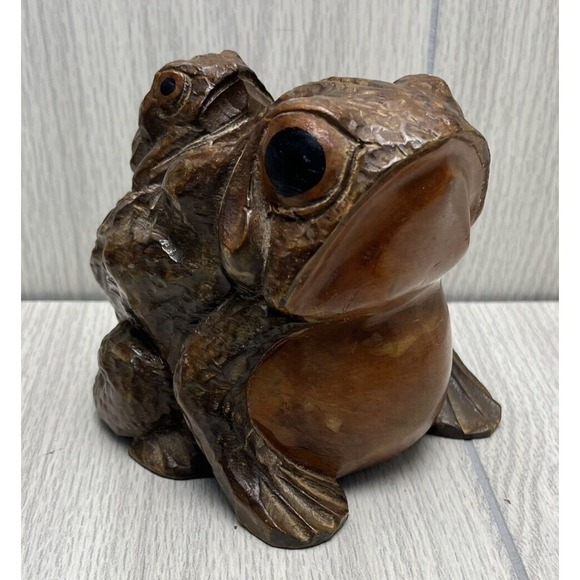 Other - Vintage Hand Carved Wood Frog With Baby Frog Toads Figure Statue Big Eyes
